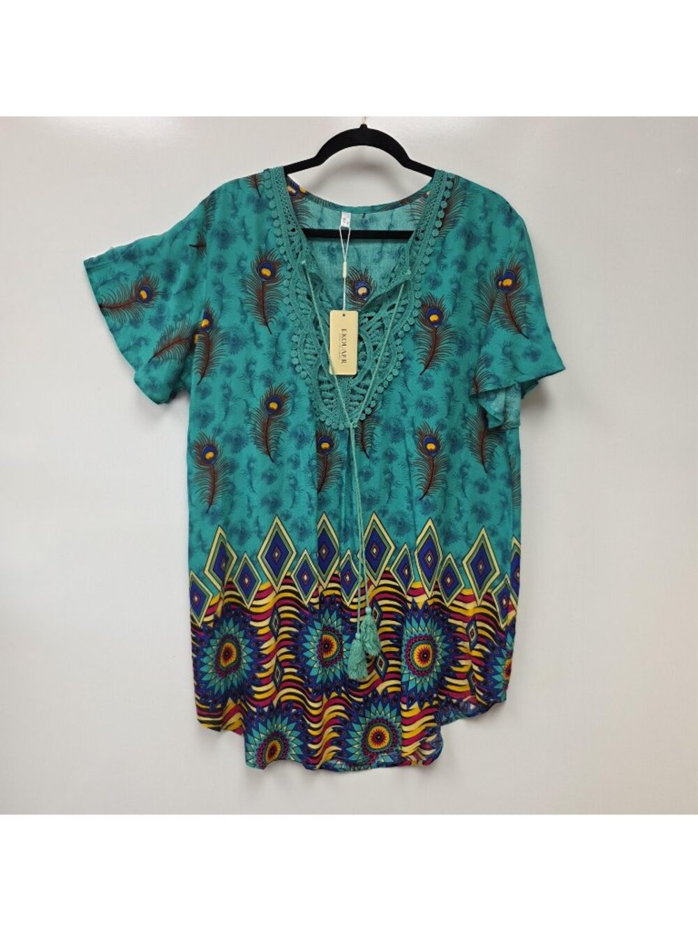 Ekouaer Blouse Womens L Multicolor V Neck Short Sleeve Peacock Crochet Tunic Top